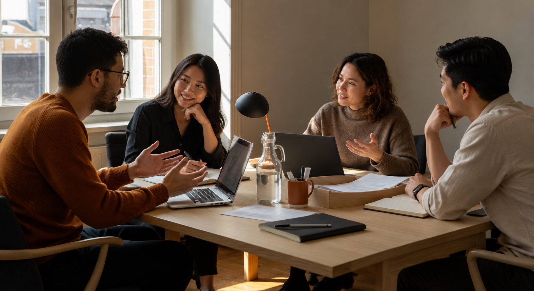 Four colleagues talking round a table with laptops, in window light